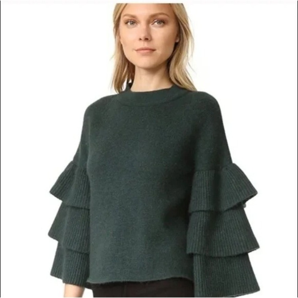 Endless Rose S Emerald Green 3/4 Waterfall Ruffle Sleeve‎ Sweater Mock Neck ~